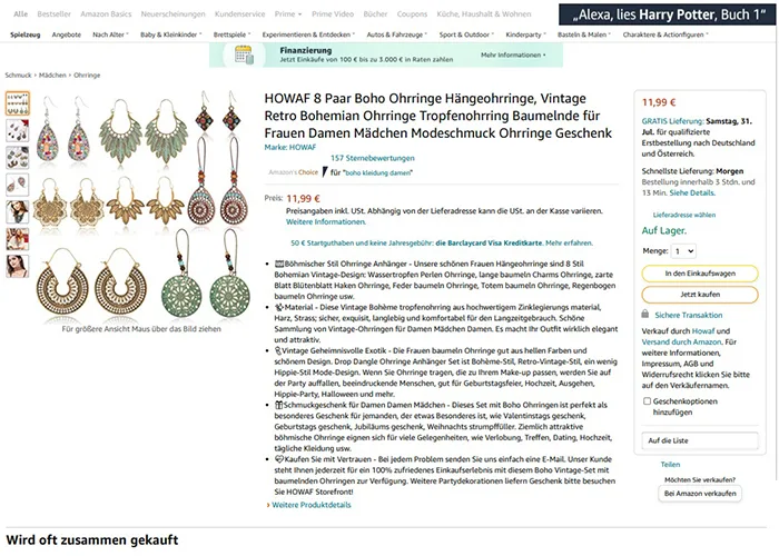 Set di orecchini «HOWAF 8 Paar Boho Ohrringe Hängeohrringe, Vintage Retro Bohemian Ohrringe Tropfenohrring…» — foto 5 dell'alert INFO/00063/22