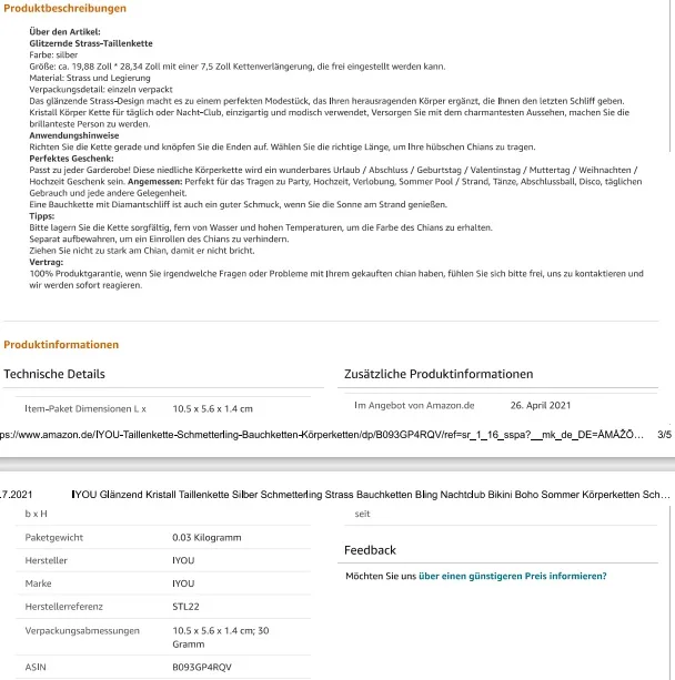 Catena in vita «IYOU Glänzend Kristall Taillenkette Silber Schmetterling Strass Bauchketten Bling Nachtc…» — foto 4 dell'alert INFO/00056/22