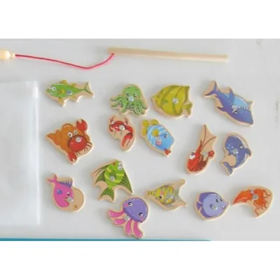 Giocattolo di pesca «Jouets de pêche magnétiques en bois pour bébé dessin animé vie marine cognition jeux de …»