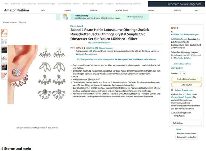 Set di orecchini «Juland 4 Paare Hohle Lotusblume Ohrringe Zurück Manschetten Jacke Ohrringe Crystal Simpl…» — foto 6 dell'alert INFO/00064/22