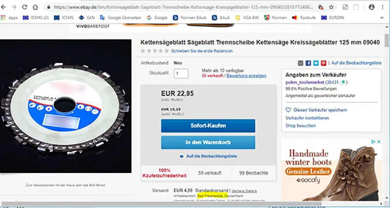 Lama circolare per sega «Kettensägeblatt 125 mm für Winkelschleifer beworben»