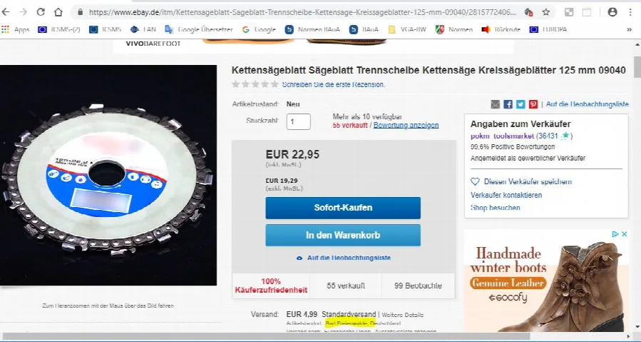 Lama circolare per sega «Kettensägeblatt 125 mm für Winkelschleifer beworben/FT12514»