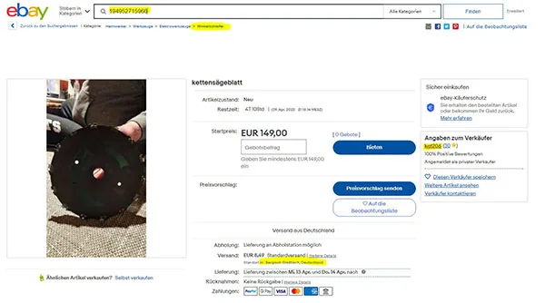 Lama circolare per sega «Kettensägeblatt für Winkelschleifer beworben» — foto 1 dell'alert A12/00954/22
