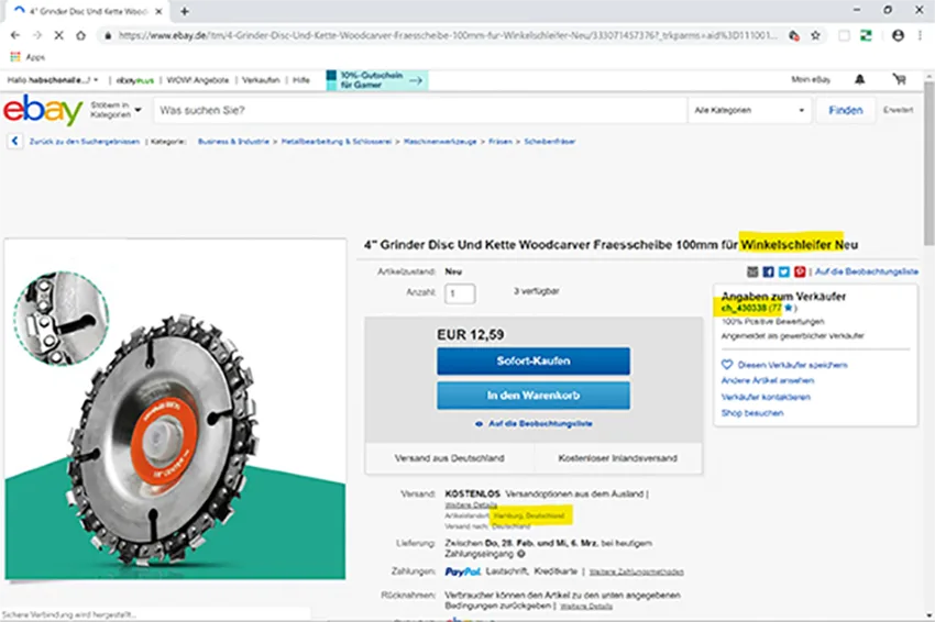 Lama circolare per sega «Kettensägeblatt für Winkelschleifer beworben»