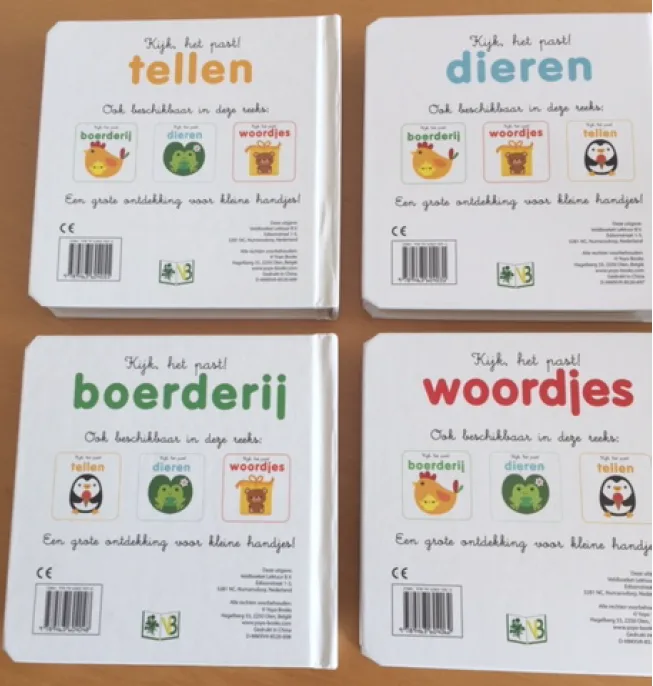 Set di libri di cartone «Kijk, het past! Dieren/Tellen/Woordjes/Boerderij»