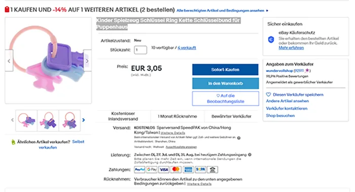 Sonaglio giocattolo «Kinder Spielzeug Schlüssel Ring Kette Schlüsselbund für Puppenhaus» — foto 4 dell'alert A12/00170/22