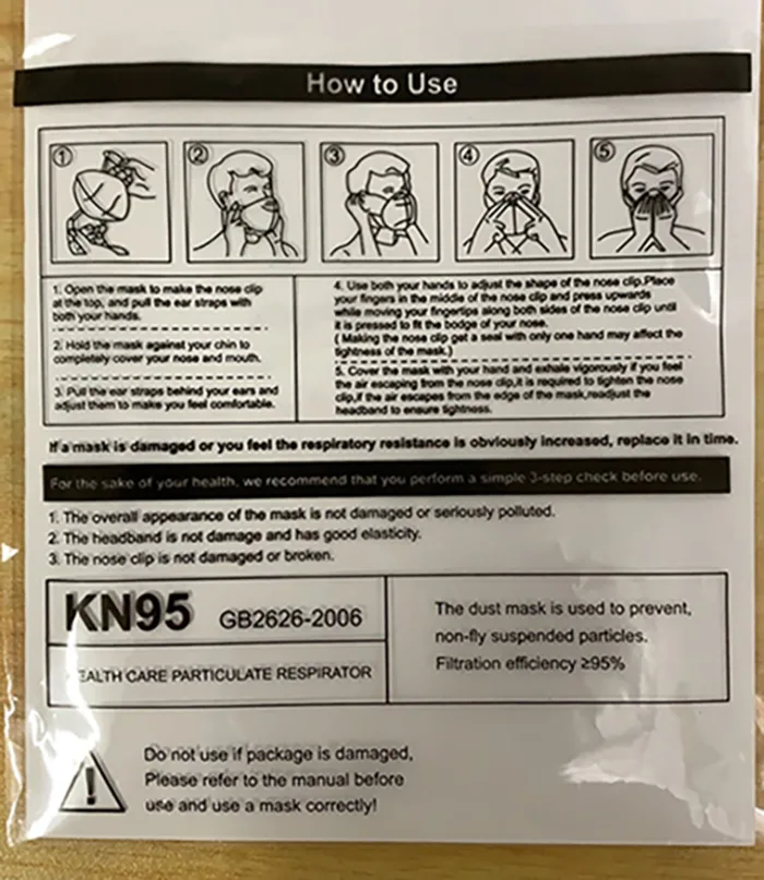 Maschera filtro antiparticolato «KN95 protective mask» — foto 2 dell'alert A12/00848/20