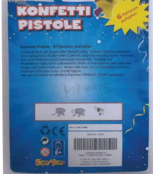 Pistola di coriandoli «Konfetti Pistole - Party Popper ('Confetti gun')» (Eddy Toys)