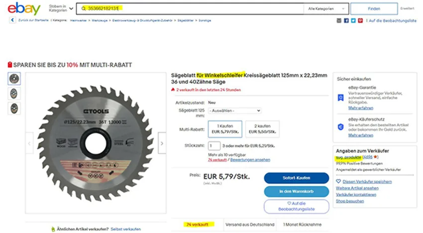 Lama circolare per sega «Kreissägeblatt für Winkelschleifer beworben» — foto 1 dell'alert A12/00984/22