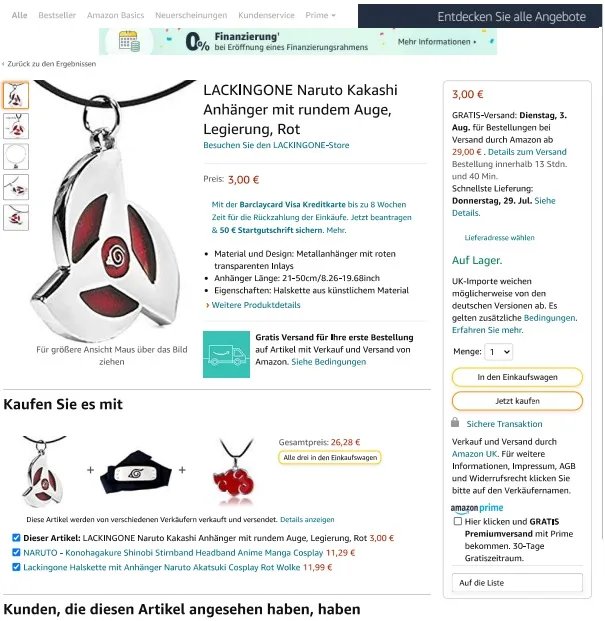 Collana «LACKINGONE Naruto Kakashi Anhänger mit rundem Auge, Legierung, Rot» — foto 6 dell'alert INFO/00036/22