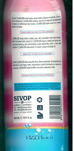 Prodotto per schiarire la pelle «Lait Clarifiant, Lightening Body Lotion, Leite Clareador» — foto 2 dell'alert A12/02829/23