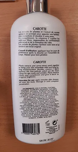 Latte alleggerente della pelle «Lait éclaircissant Soin Hydratant Nourrissant CAROTTE» (Pr. Francoise Bedon Paris)