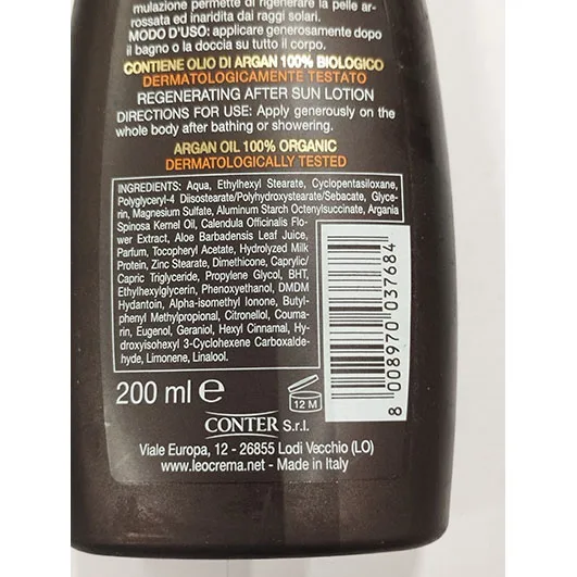 Lozione per il doposole «Latte dopo sole rigenerante all'oliop di Argan» (Leocrema)
