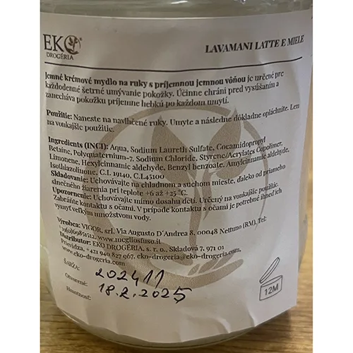 Sapone per le mani «LAVAMANI LATTE E MIELE» (MEGLIO SFUSO)