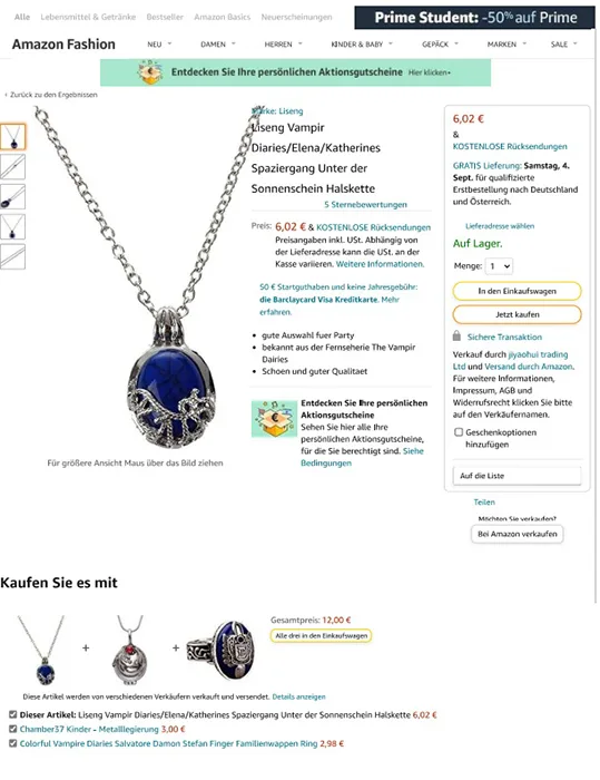 Collana «Liseng Vampir Diaries/Elena/Katherines Spaziergang Unter der Sonnenschein Halskette.» — foto 4 dell'alert INFO/00025/22