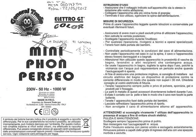 Asciugacapelli «Mini Phon Perseo» (Elettro GT)