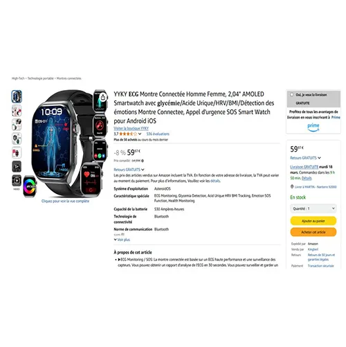 Smartwatch «Montre connectée ECG homme femme, 2,04 Amoled smartwatch avec glycémie/acide urique/HRV/…» — foto 1 dell'alert OR/00071/25