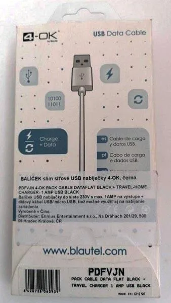 Set di caricabatterie USB «Pack Cable Data Flat+Travel Charger 1Amp USB Black» — foto 2 dell'alert A11/0069/19