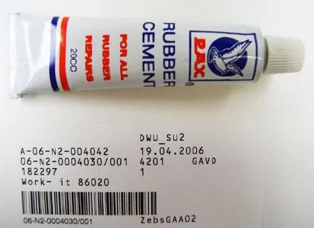 PAX RUBBER CEMENT(Rubber solution in a tube in a bicycle repair kit). (“Work-it”)
