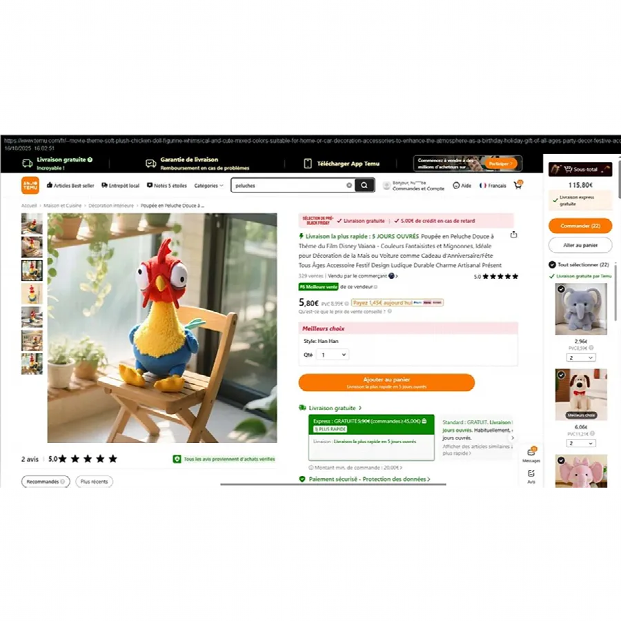 Giocattolo morbido «Peluche de poulet douce»