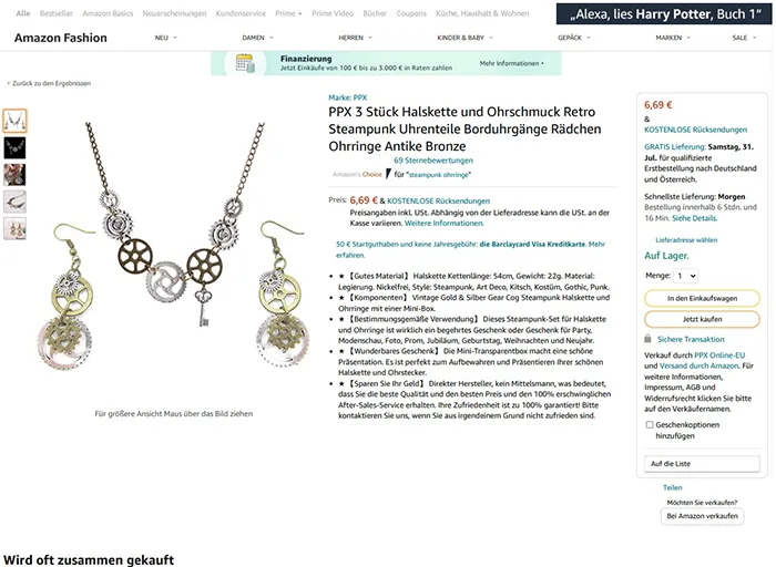 Collana e orecchini set «PPX 3 Stück Halskette und Ohrschmuck Retro Steampunk Uhrenteile Borduhrgänge Rädchen Ohr…» — foto 5 dell'alert INFO/00067/22