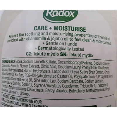 Sapone liquido per le mani «Radox Care + MOISTURISE LIQUID HANDWASH Enriched with camomile & jojoba oil Anti-Bac…» — foto 3 dell'alert A12/01080/24