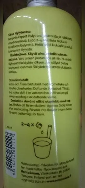 Profumo della sauna «Rento TAPA KYLPEÄ - löylytuoksu Sitrus ('Citrus sauna scent')» — foto 2 dell'alert A12/0470/16