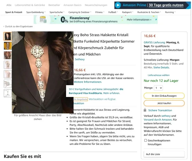 Collana «Sethexy Boho Strass Halskette Kristall Brustkette Funkelnd Körperkette Sommer Strand Kör…» — foto 4 dell'alert INFO/00042/22