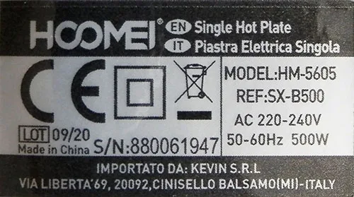 Piastra calda elettrica «Single hot Plate» (HOOMEI)