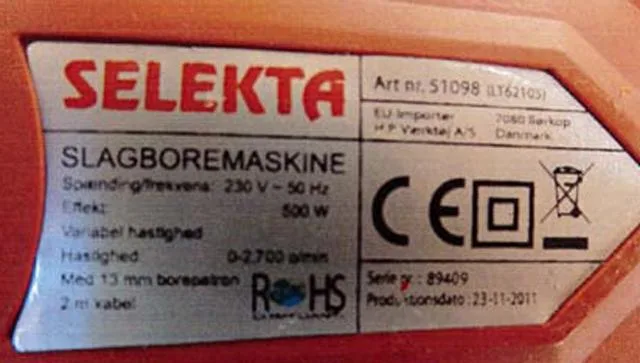 Trapano elettrico a impatto «Slagboremaskine (impact drill )» (Selekta)