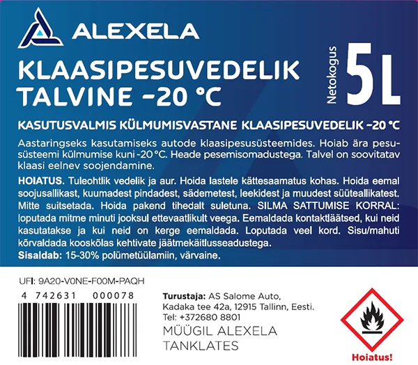 Fluido lavaggio parabrezza auto «Talvine klaasipesuvedelik (ET); Tuulilasinpesuneste (FI)» — foto 1 dell'alert A12/00716/21