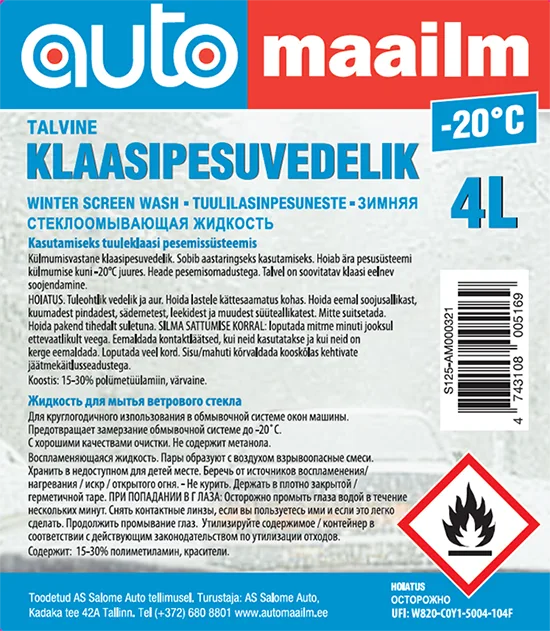 Fluido lavaggio parabrezza auto «Talvine klaasipesuvedelik (ET); Tuulilasinpesuneste (FI)» — foto 2 dell'alert A12/00716/21