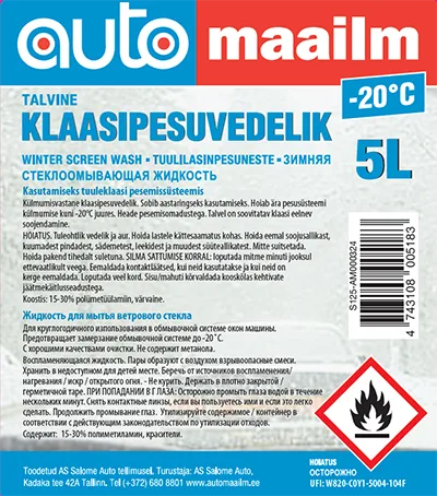 Fluido lavaggio parabrezza auto «Talvine klaasipesuvedelik (ET); Tuulilasinpesuneste (FI)» — foto 3 dell'alert A12/00716/21