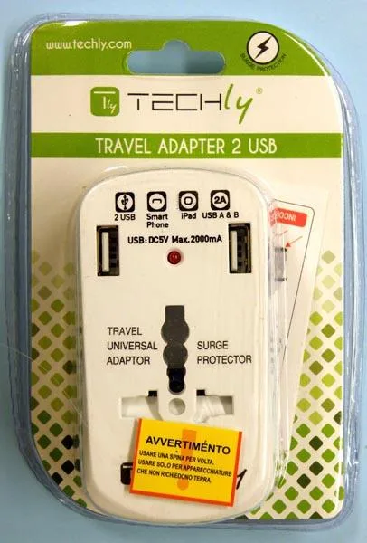Adattatore da viaggio «TRAVEL ADAPTER 2 USB, TRAVEL UNIVERSAL ADAPTOR» (TECHly)