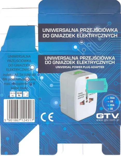 Adattatore per spina da viaggio «TRAVEL UNIVERSAL ADAPTOR / UNIVERSAL POWER PLUG ADAPTER» (GTV)