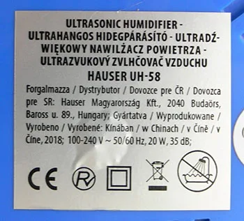 Umidificatore dell'aria «Ultrasonic humidifier / Ultrahangos hidegpárásító» (HAUSER)