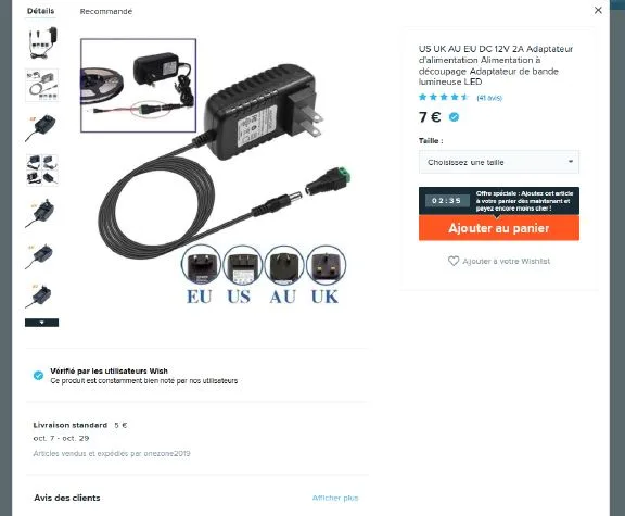 Adattatore di rete «US UK EU DC 12 V 2A- Adaptateur d'alimentation à découpage - Adaptateur de bande lumineu…» — foto 1 dell'alert A12/01077/21