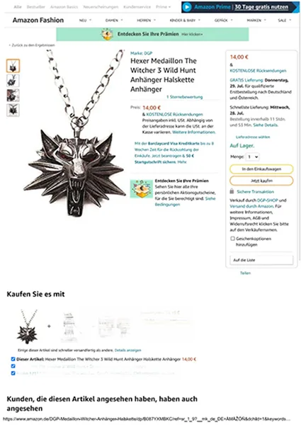 Collana con ciondolo «Witcher-Anhänger mit Halskette» — foto 4 dell'alert INFO/00029/22