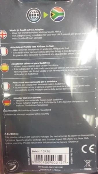Adattatore della spina di viaggio «World to South Africa» — foto 2 dell'alert A12/1244/17
