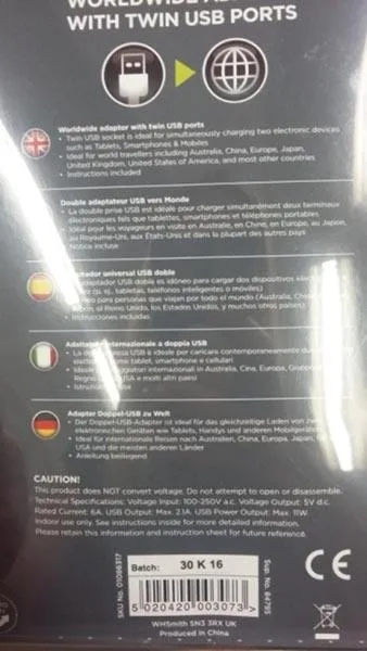 Adattatore della spina di viaggio «Worldwide Adaptor with Twin USB Ports» — foto 2 dell'alert A12/1241/17
