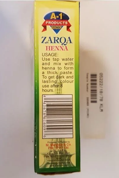 Prodotto di henna «Zarqa Henna» — foto 2 dell'alert A12/1056/19